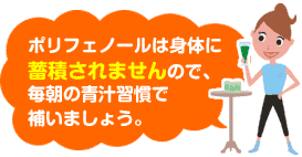 ポリフェノールは身体に蓄積されませんので、毎朝の青汁習慣で補いましょう。